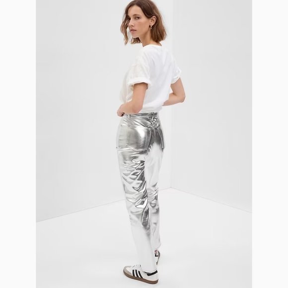 Gap Cheeky Straight High Rise Silver Vegan Leather Pants Size 28 - Picture 4 of 14